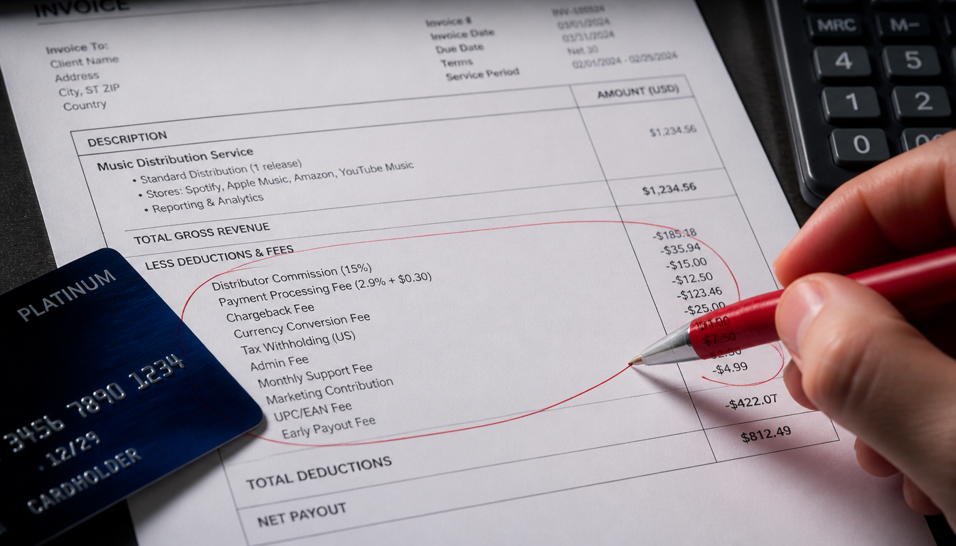 Invoice showing hidden music distribution fees — legacy fees, processing fees and conversion charges circled in red pen