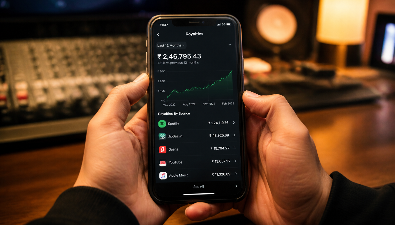 Artist checking royalty earnings in rupees on a phone — music distribution royalties compared across streaming platforms