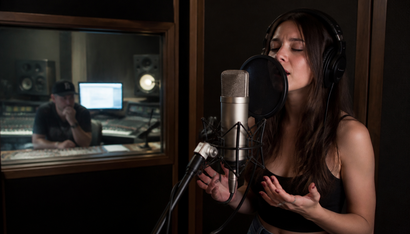 Vocalist recording in a professional studio booth with an engineer at the console