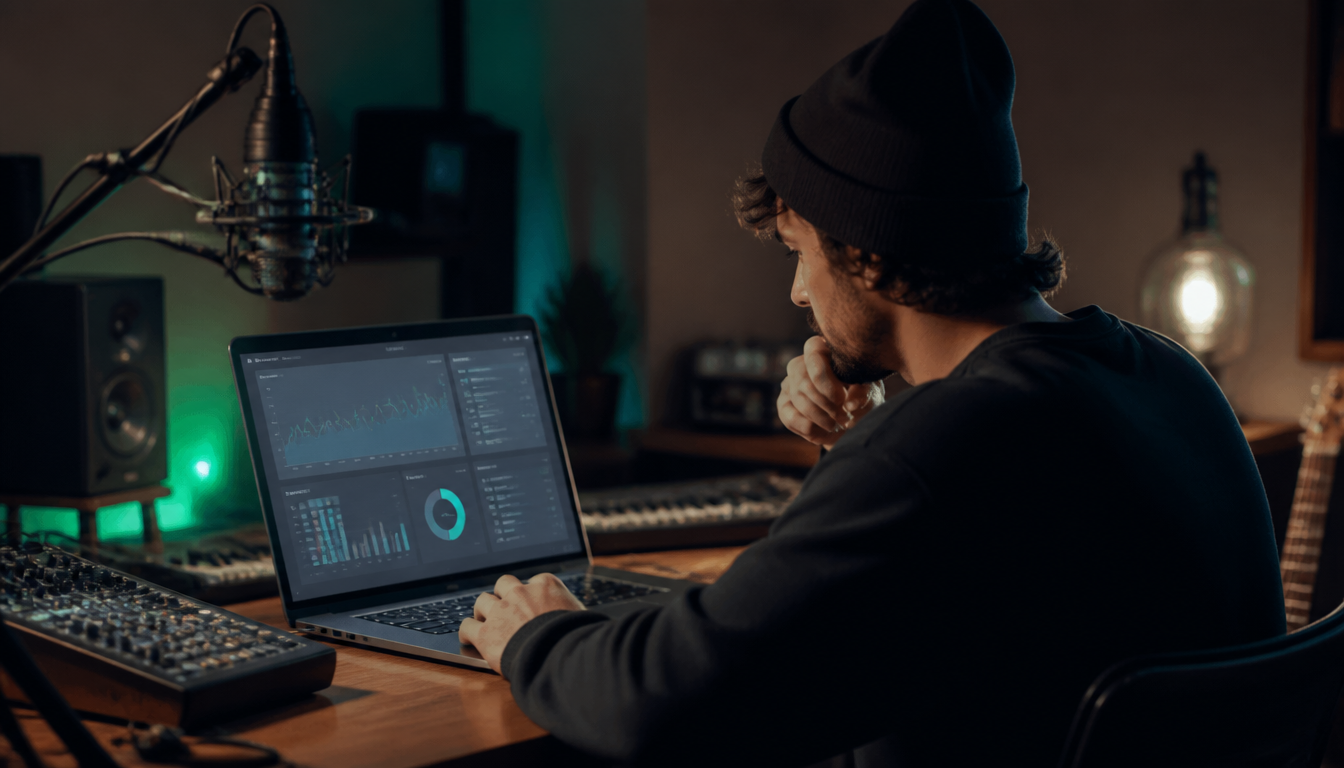 Independent musician reviewing release analytics on a laptop in a home studio at night