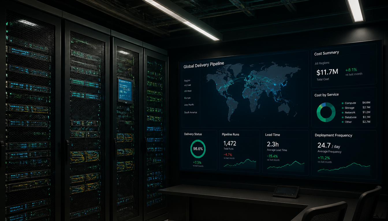 Network operations centre showing the global automated delivery pipeline and its running cost