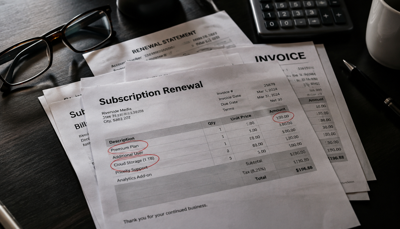 Stack of music distribution subscription renewal invoices with add-on fees circled in red pen