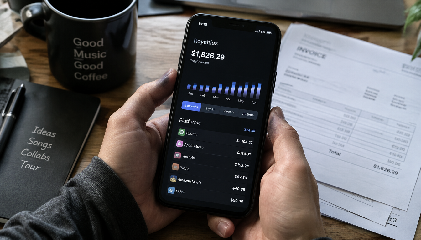 Musician checking streaming royalty earnings in US dollars on a phone next to printed distribution invoices